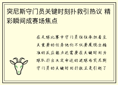 突尼斯守门员关键时刻扑救引热议 精彩瞬间成赛场焦点